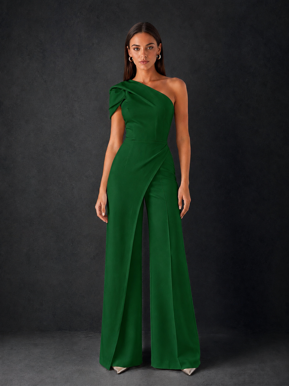 BOLODOO Emerald Green One-Shoulder Puff Sleeve Wide-Leg Jumpsuit with Front Slit and Open Back - Emerald Green