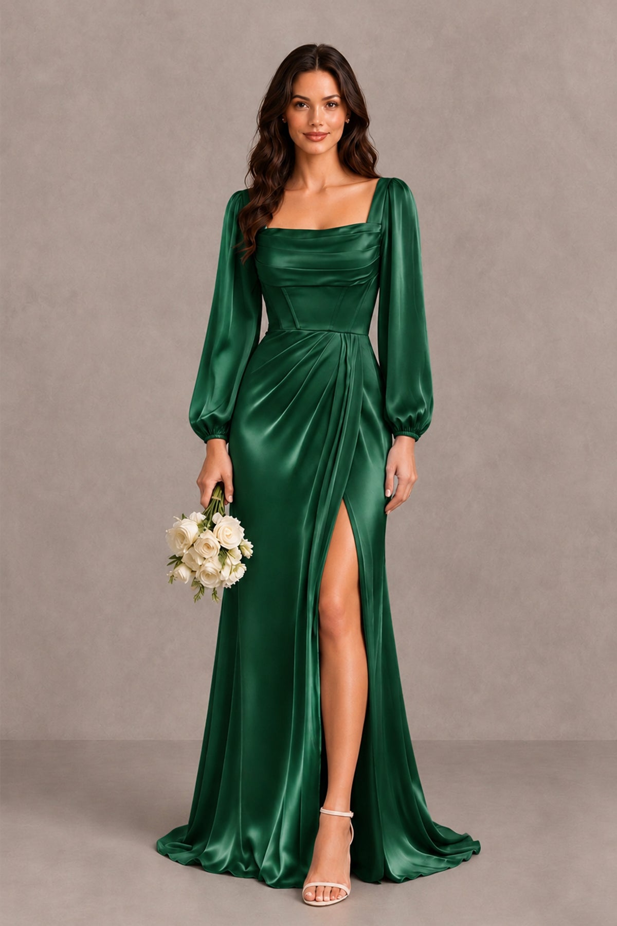 BOLODOO Emerald Green Satin-Look Long Sleeve Evening Dress with High Slit - Emerald Green - Emerald Green_1