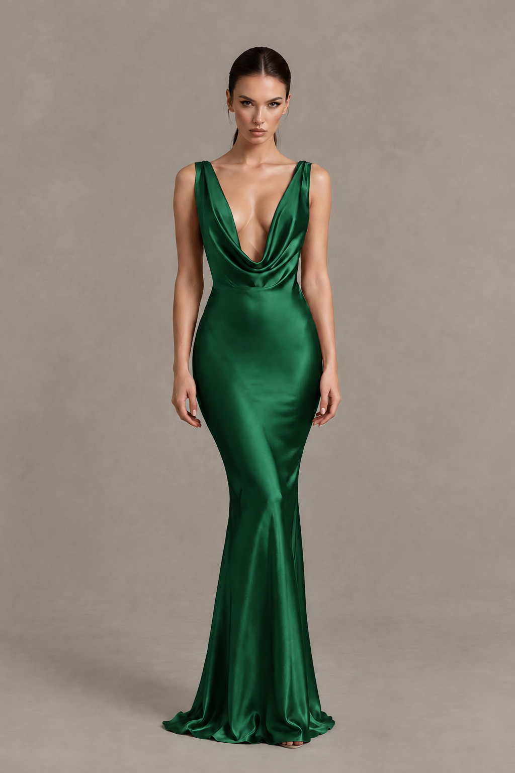 BOLODOO Emerald Green Cowl Neck Backless Satin Mermaid Evening Dress - Emerald Green - Emerald Green_1