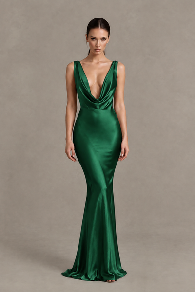 BOLODOO Emerald Green Cowl Neck Backless Satin Mermaid Evening Dress - Emerald Green - Emerald Green_1