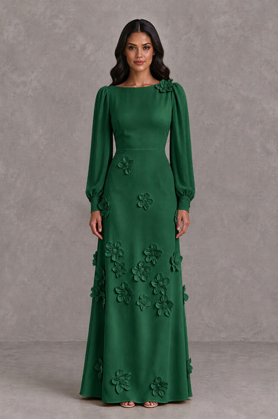 BOLODOO Emerald Green Long Sleeve Floral Applique A-Line Evening Dress - Emerald Green - Emerald Green_1