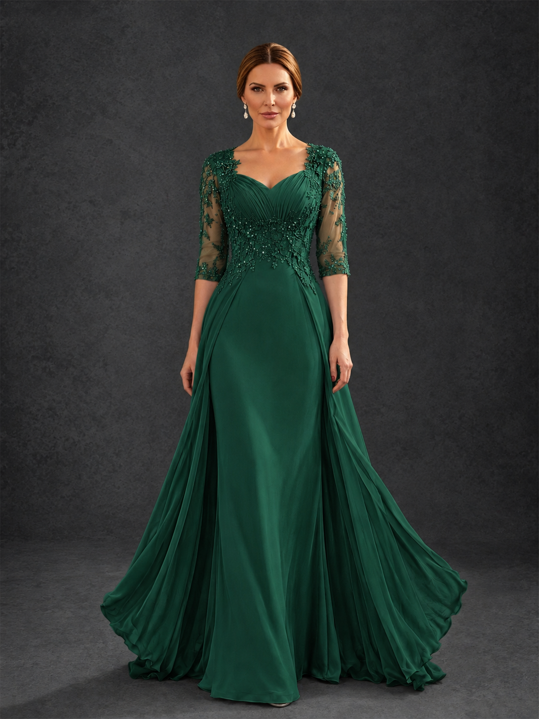 BOLODOO Emerald Green Sweetheart Neck 3/4 Sleeve Floral Lace Illusion Bodice Chiffon A-Line Gown - Emerald Green