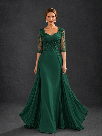BOLODOO Emerald Green Sweetheart Neck 3/4 Sleeve Floral Lace Illusion Bodice Chiffon A-Line Gown - Emerald Green