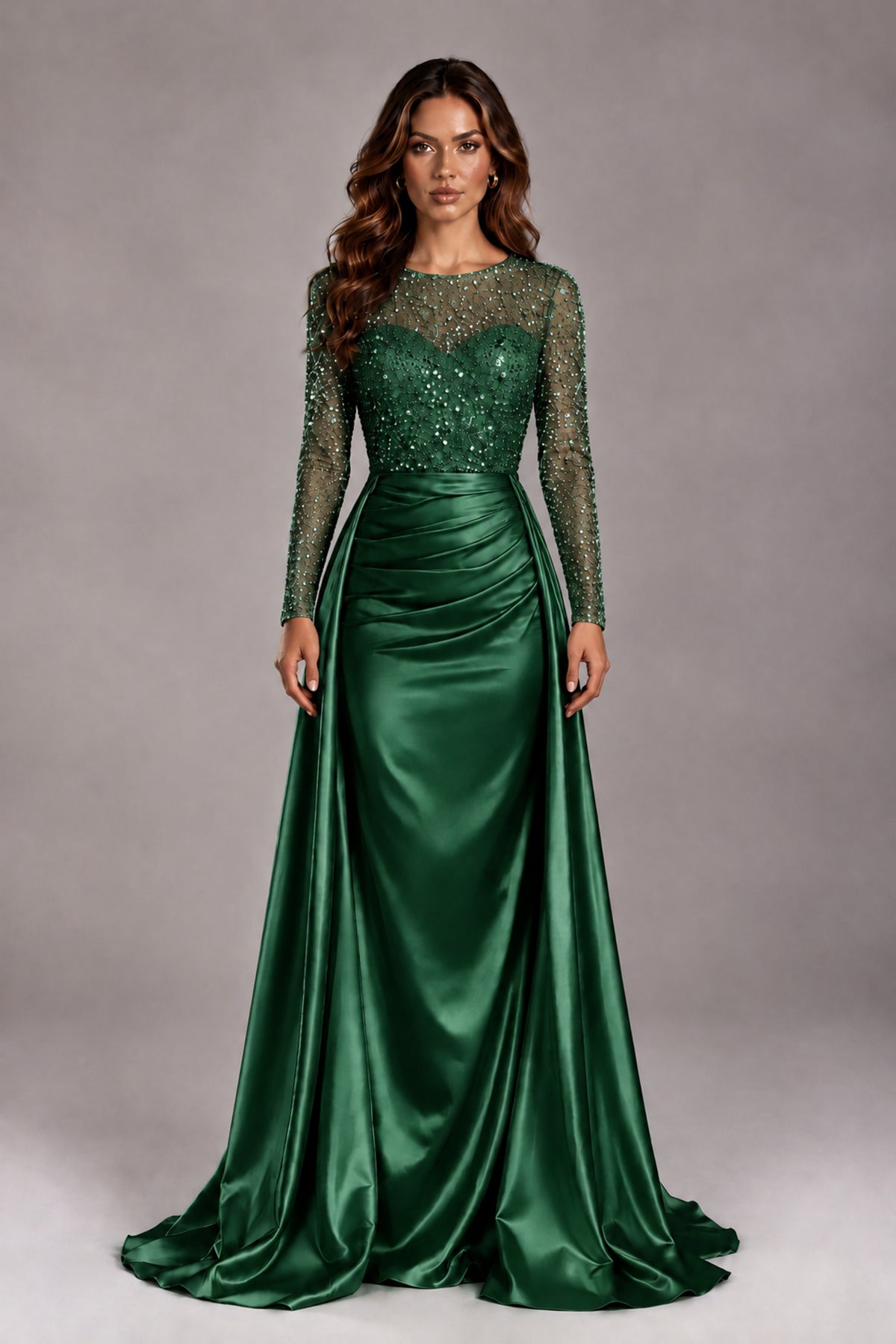 BOLODOO Emerald Green Long Sleeve Embellished Satin Evening Gown with Sweep Train - Emerald Green - Emerald Green_1