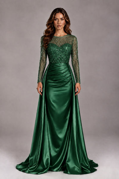 BOLODOO Emerald Green Long Sleeve Embellished Satin Evening Gown with Sweep Train - Emerald Green - Emerald Green_1