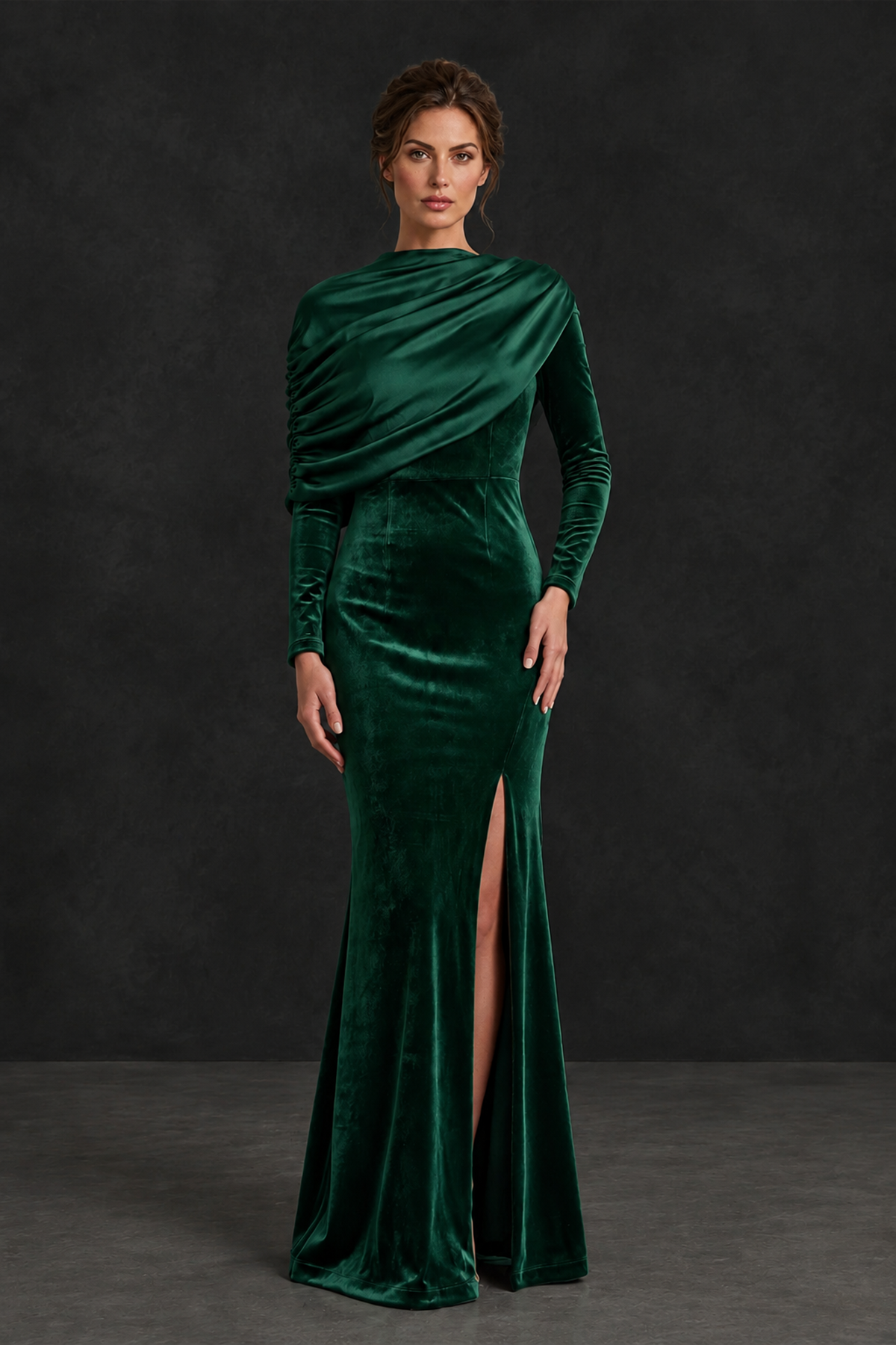 BOLODOO Emerald Green Velvet Long Sleeve Draped Mother of the Bride Dress - Emerald Green - Emerald_Green_1