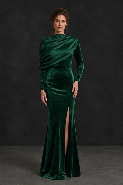 BOLODOO Emerald Green Velvet Long Sleeve Draped Mother of the Bride Dress - Emerald Green - Emerald_Green_1