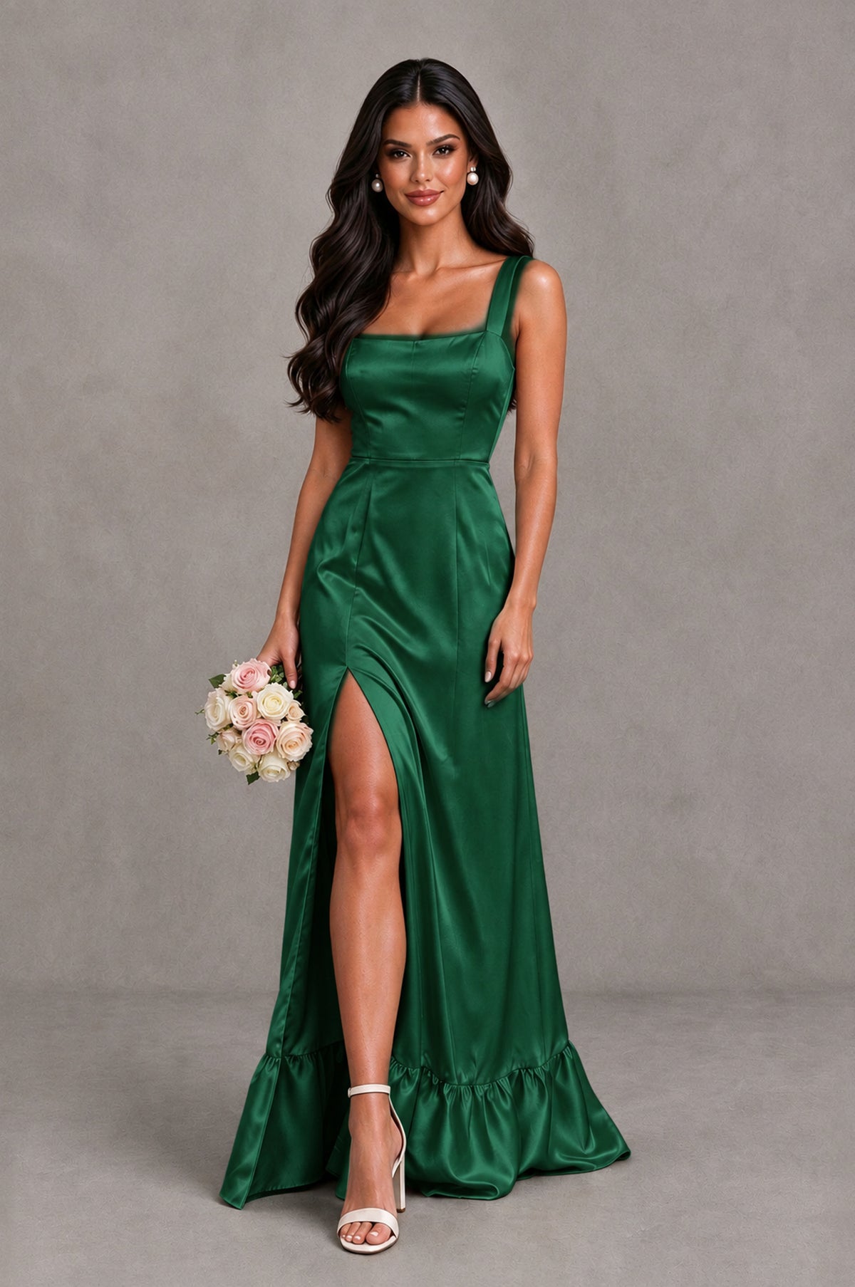BOLODOO Emerald Green Square Neck Satin Evening Dress with Lace-Up Back and High Slit - Emerald Green - Emerald Green_1