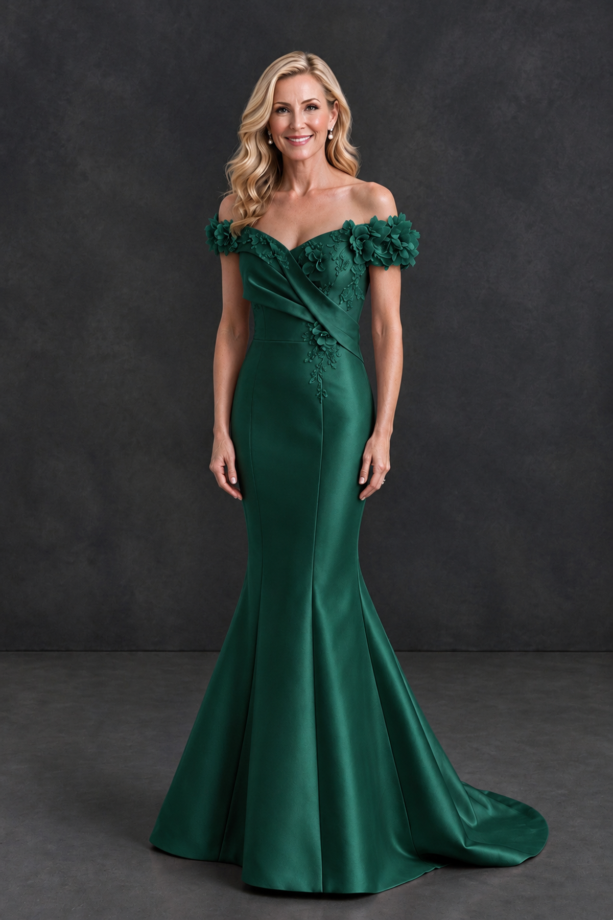 BOLODOO Emerald Green Off-Shoulder Floral Mermaid Mother of the Bride Dress - Emerald Green - Emerald Green_1