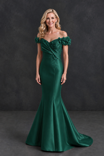BOLODOO Emerald Green Off-Shoulder Floral Mermaid Mother of the Bride Dress - Emerald Green - Emerald Green_1