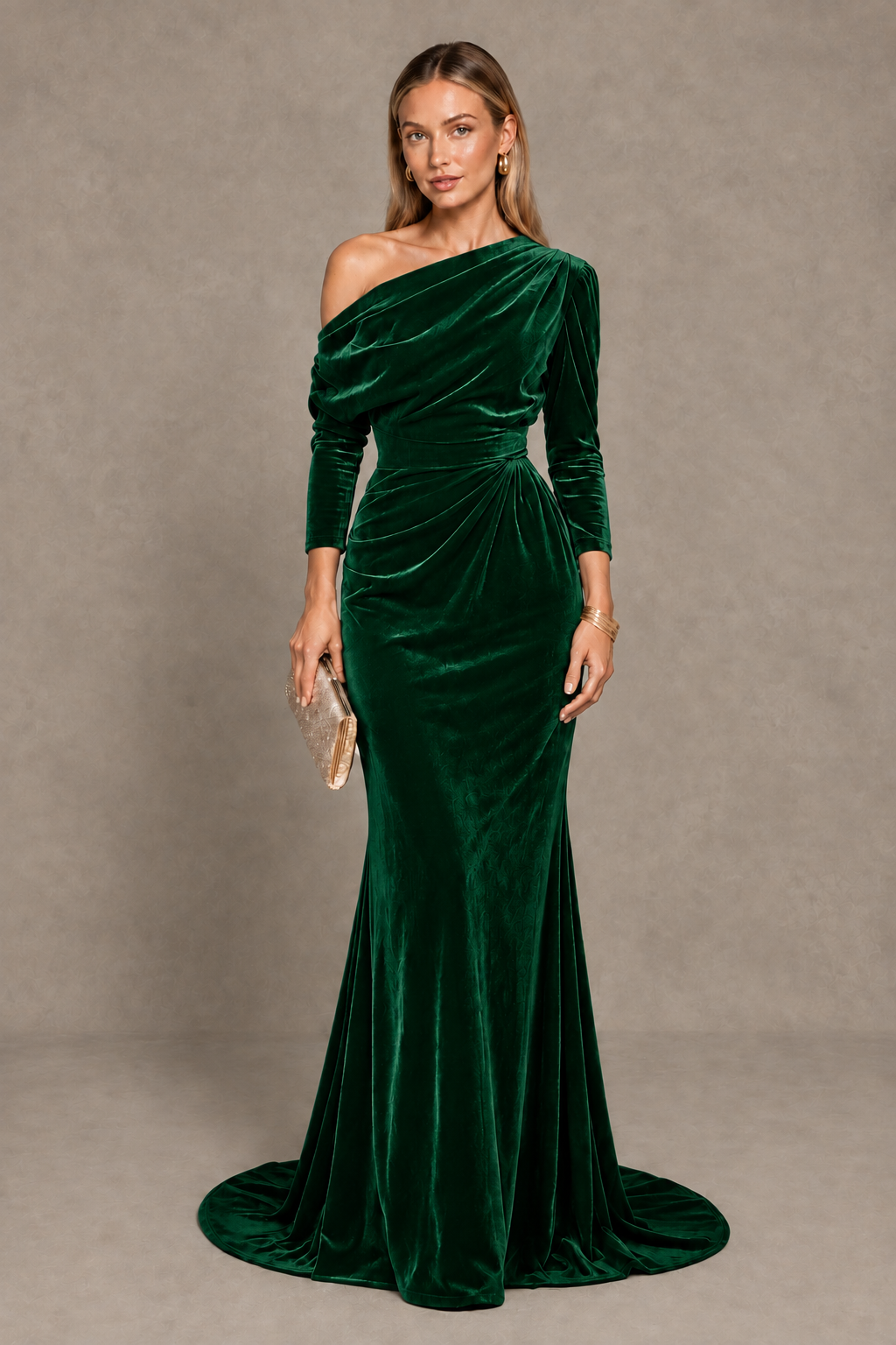 BOLODOO Emerald Green Velvet Asymmetric Neck Mermaid Evening Dress - Emerald Green - Emerald Green_1