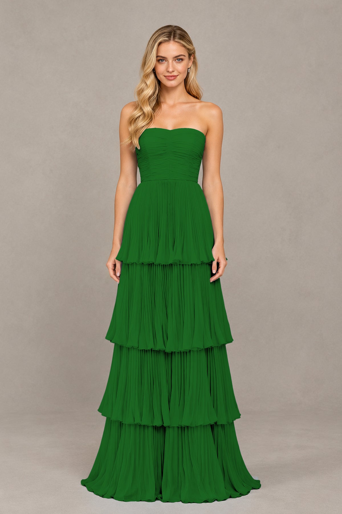 BOLODOO Emerald Green Strapless Tiered Chiffon Maxi Dress - Emerald Green