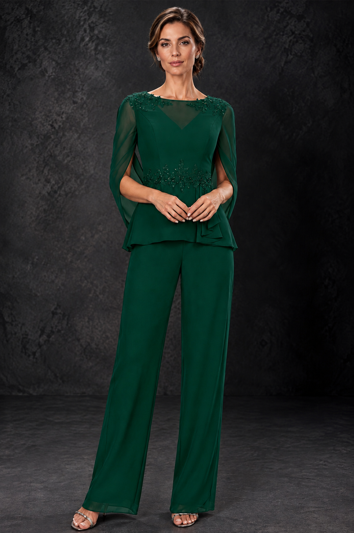 BOLODOO Emerald Green Embellished Cape Sleeve Mother of the Bride Pantsuit - Emerald Green - Emerald_Green_1