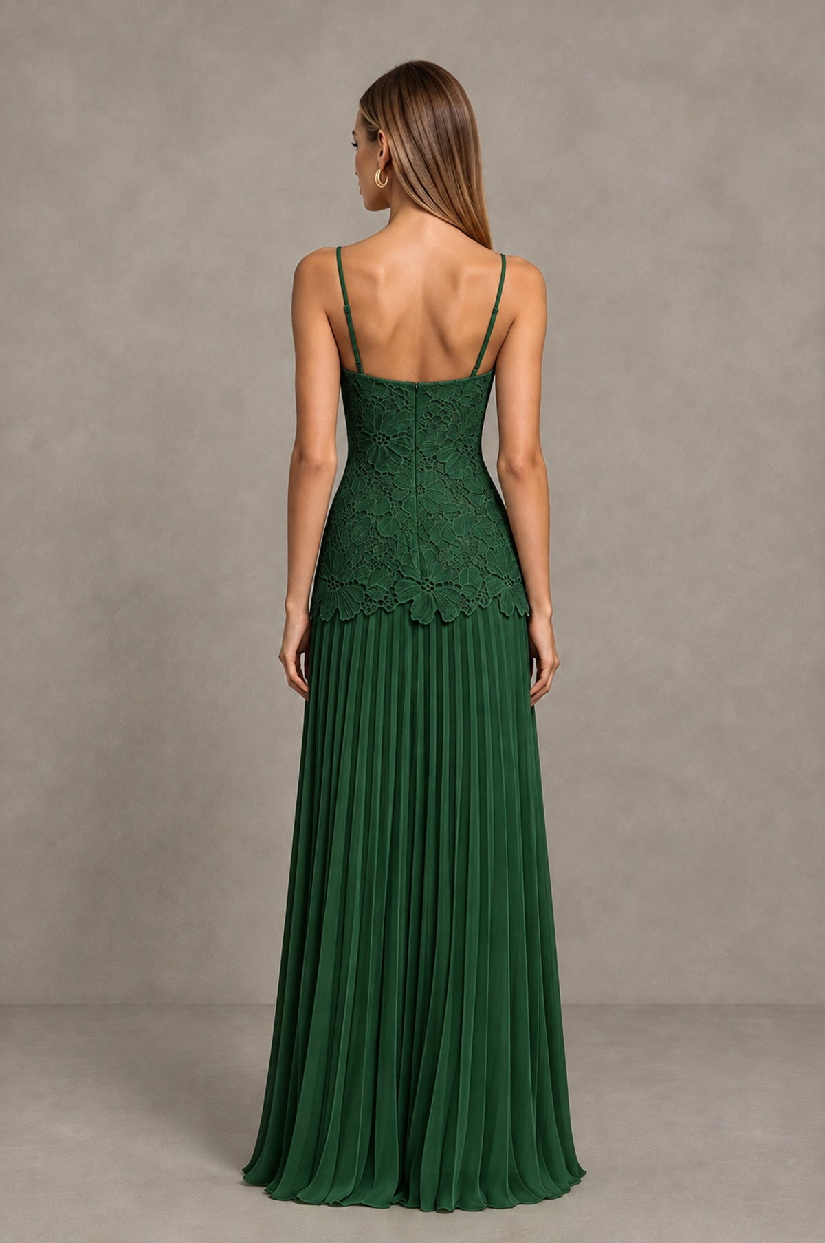 BOLODOO Emerald Green Lace Bodice Pleated Wedding Guest Dress - Emerald Green - Emerald Green_2
