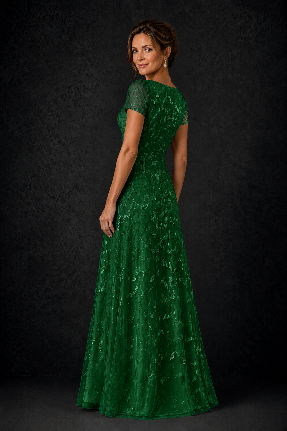 BOLODOO Emerald Green Leaf Embroidered A-Line Formal Gown with Cap Sleeves - Emerald Green - Emerald_Green_2