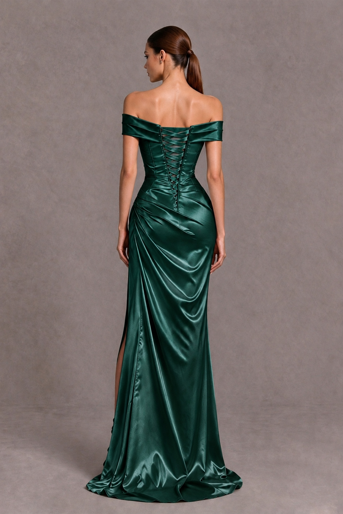 BOLODOO Emerald Green Off-the-Shoulder Ruched Satin Prom & Evening Dress with High Slit - Emerald Green - Emerald Green_2