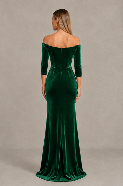 BOLODOO Emerald Green Off-Shoulder Velvet Evening Dress with High Slit - Emerald Green - Emerald_Green_2