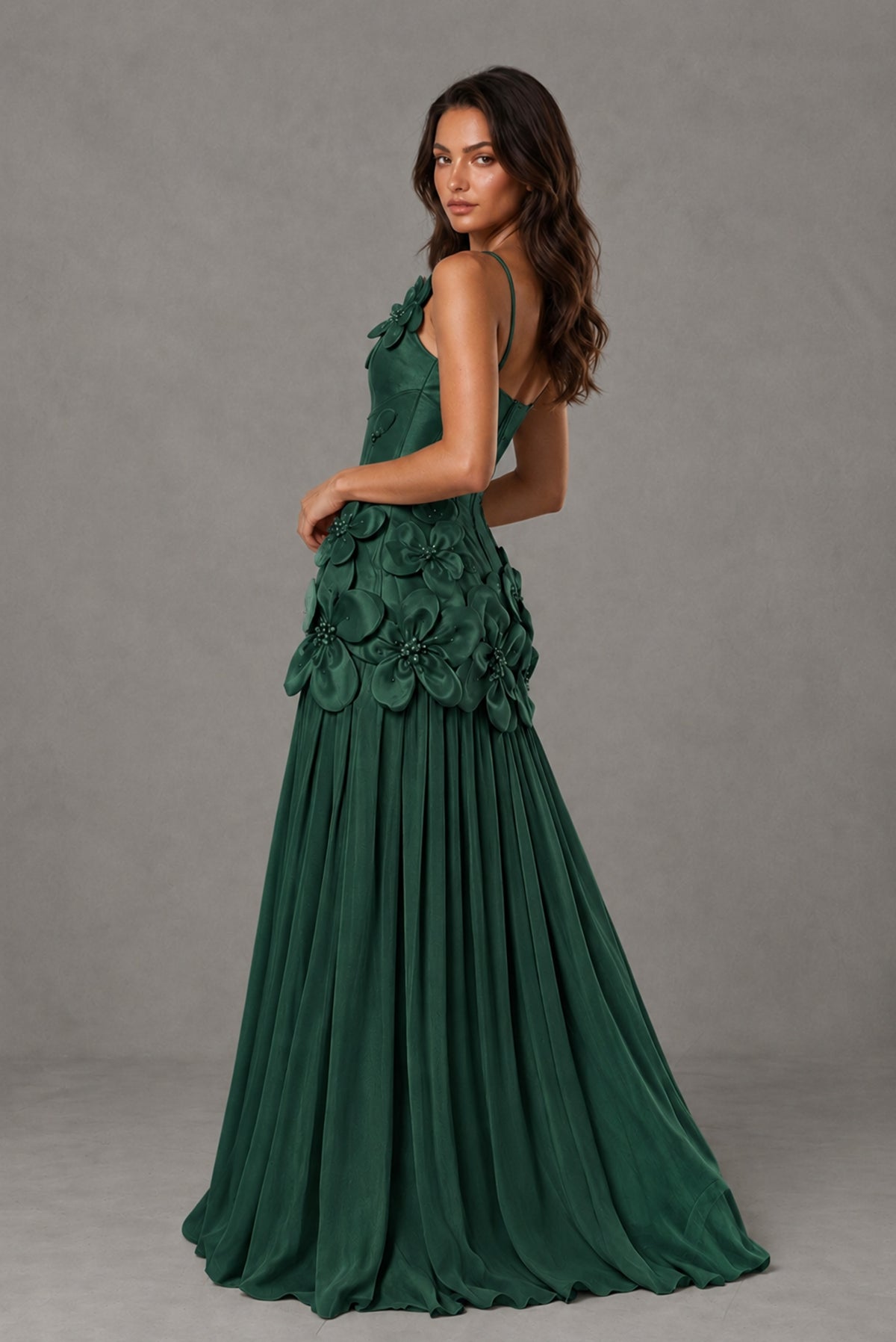 BOLODOO Emerald Green 3D Floral Appliqué Floor-Length A-Line Evening Gown - Emerald Green
