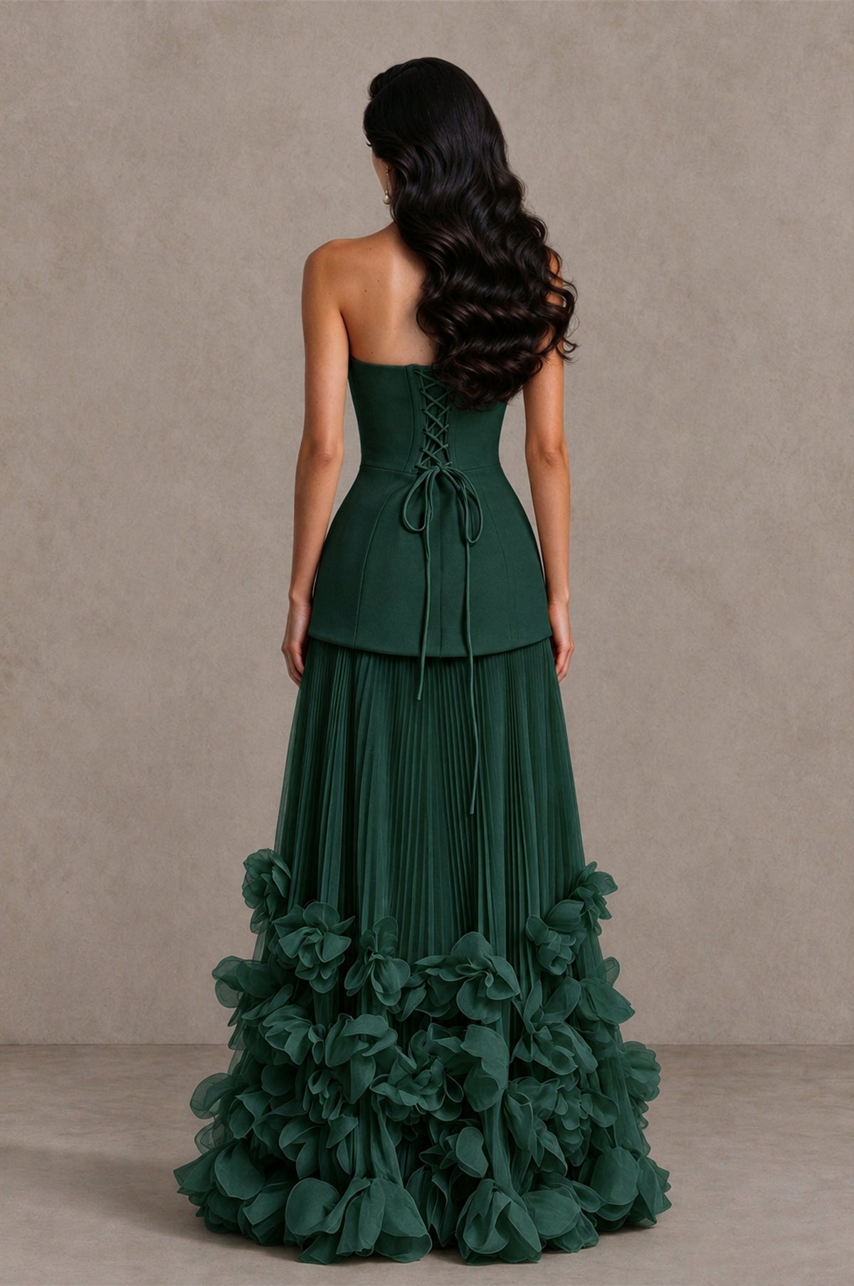BOLODOO Emerald Green Strapless Pleated Floral Hem Evening Gown - Emerald Green - Emerald Green_2