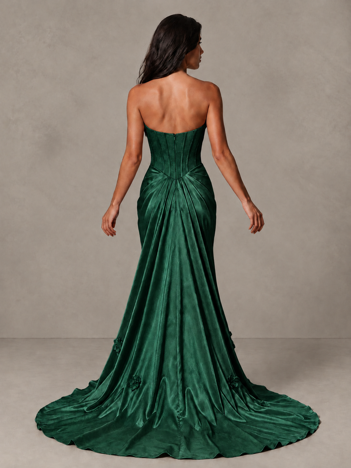 BOLODOO Emerald Green Strapless Floral Corset Evening Gown with Train - Emerald Green - Emerald Green_2
