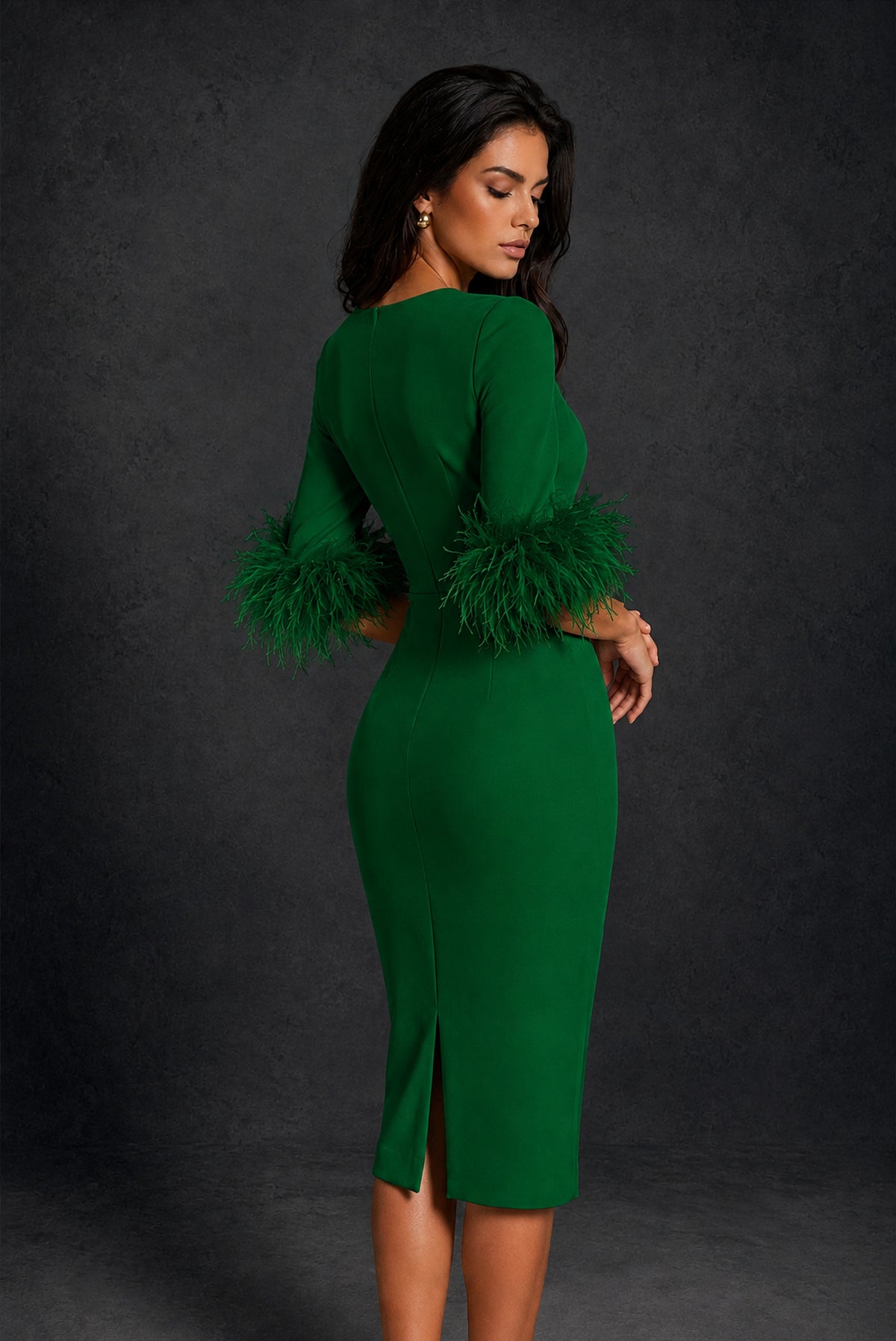 BOLODOO Emerald Green Ostrich Feather Cuff 3/4 Sleeve Round Neck Bodycon Midi Dress with Back Slit - Emerald Green