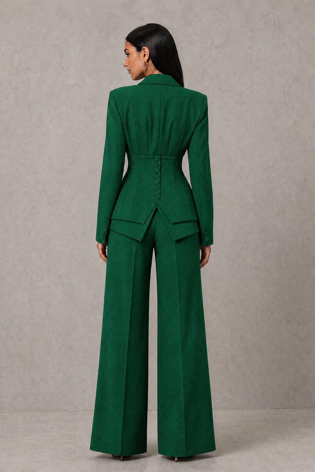 BOLODOO Emerald Green Cinched Waist Blazer and Wide Leg Pants Two Piece Suit Set - Emerald Green