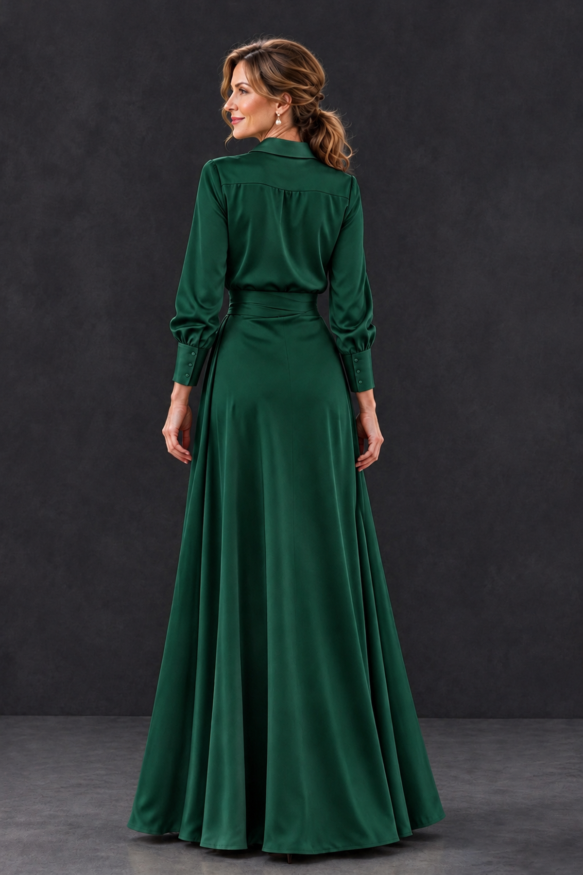 BOLODOO Emerald Green Long Sleeve Satin-Look Lace Panel Gown - Emerald Green - Emerald Green_2