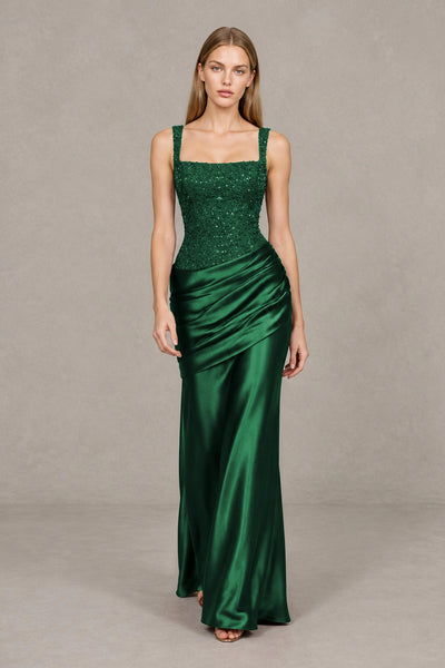 BOLODOO Emerald Green Square Neck Embellished Satin Evening Gown - Emerald Green