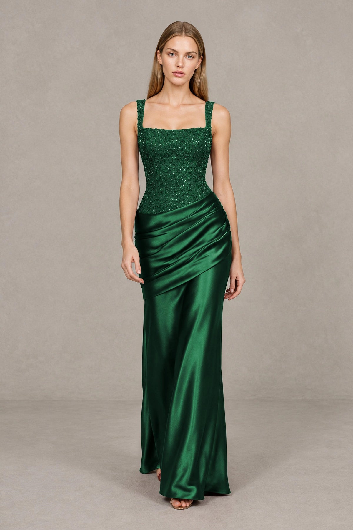BOLODOO Emerald Green Square Neck Embellished Satin Evening Gown - Emerald Green