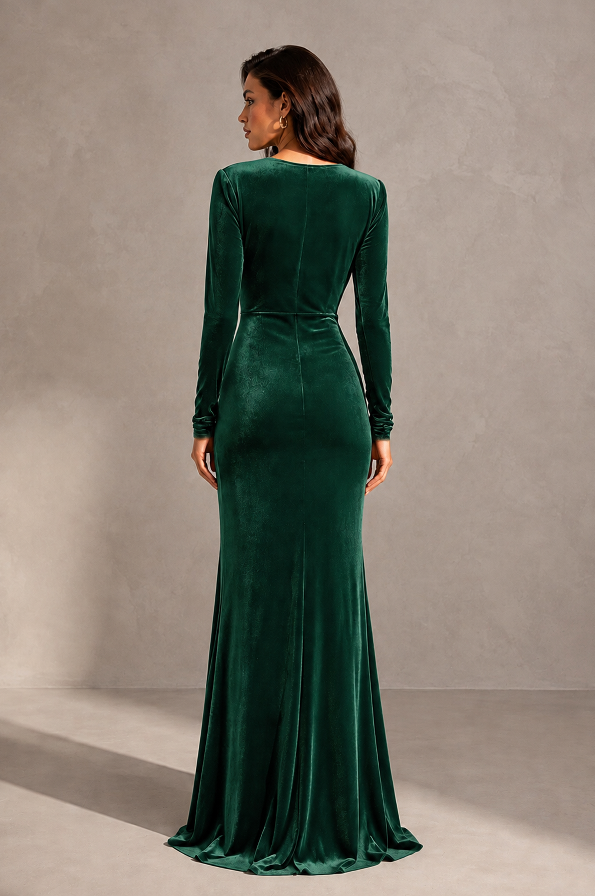 BOLODOO Emerald Green Velvet Long Sleeve V-Neck Ruched Evening Gown - Emerald Green