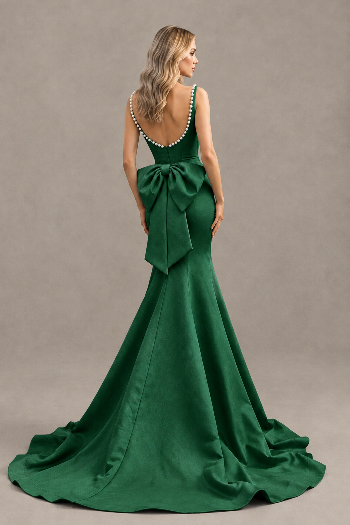 BOLODOO Emerald Green Pearl-Trim Mermaid Prom Dress with Back Bow - Emerald Green - Emerald_Green_2
