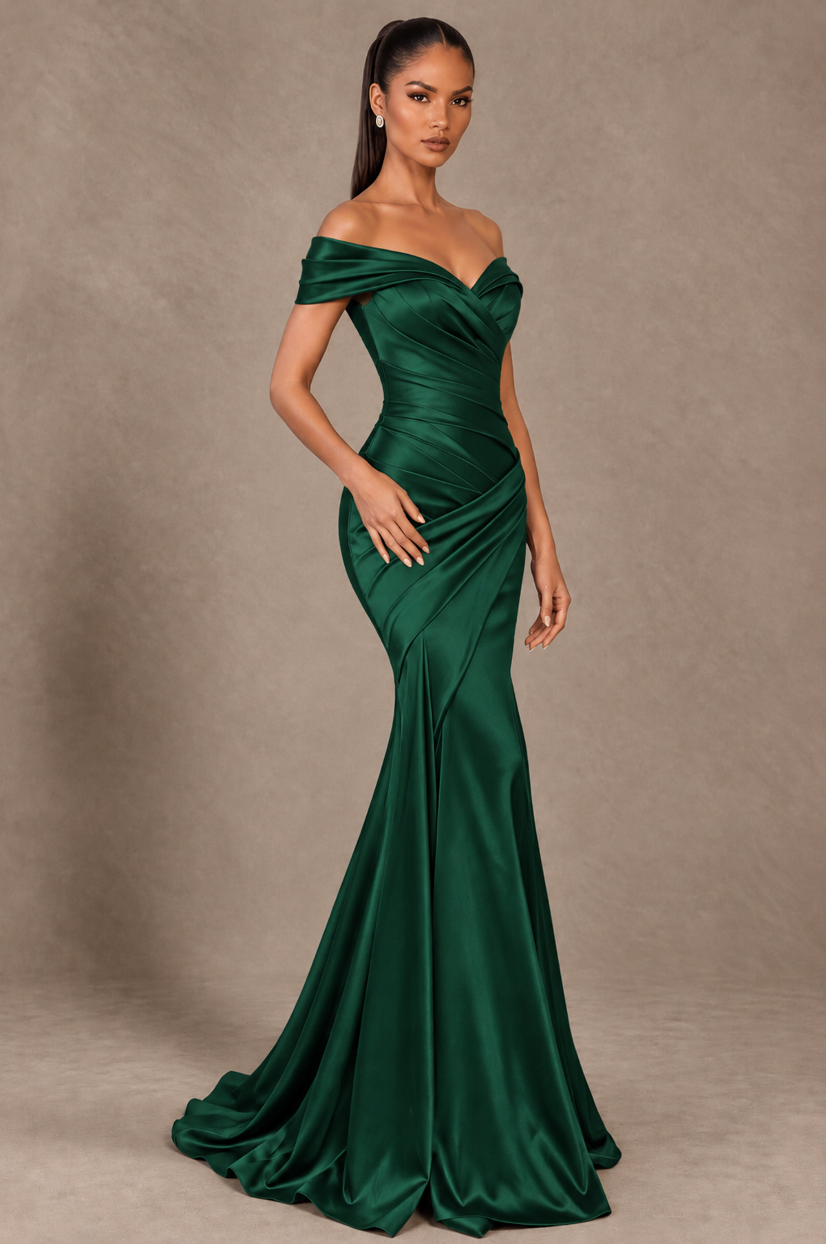 BOLODOO Emerald Green Off-the-Shoulder Ruched Satin Mermaid Evening Dress - Emerald Green - Emerald_Green_2