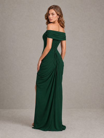 BOLODOO Emerald Green Off-Shoulder Ruched Corset Wedding Guest Dress with Slit - Emerald Green - Emerald_Green_2