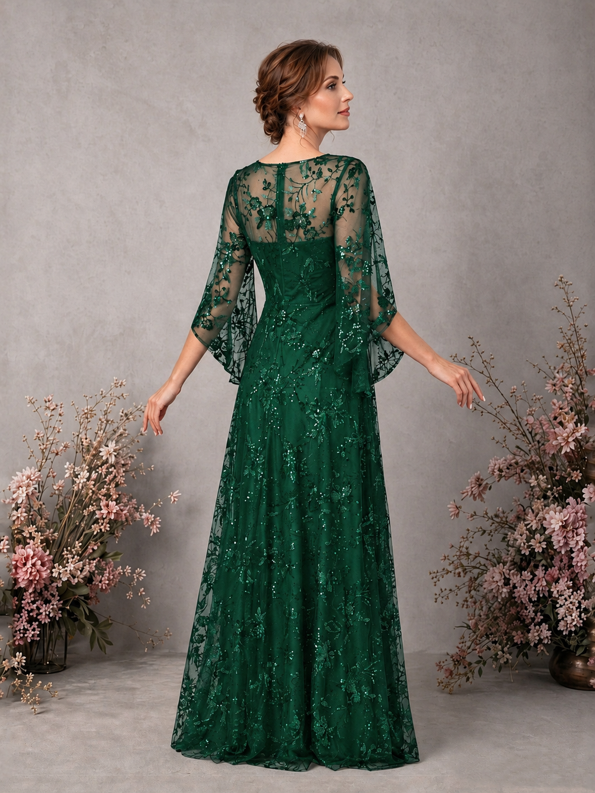 BOLODOO Emerald Green Sequin Lace Cape Sleeve Formal Evening Gown - Emerald Green - Emerald Green_2