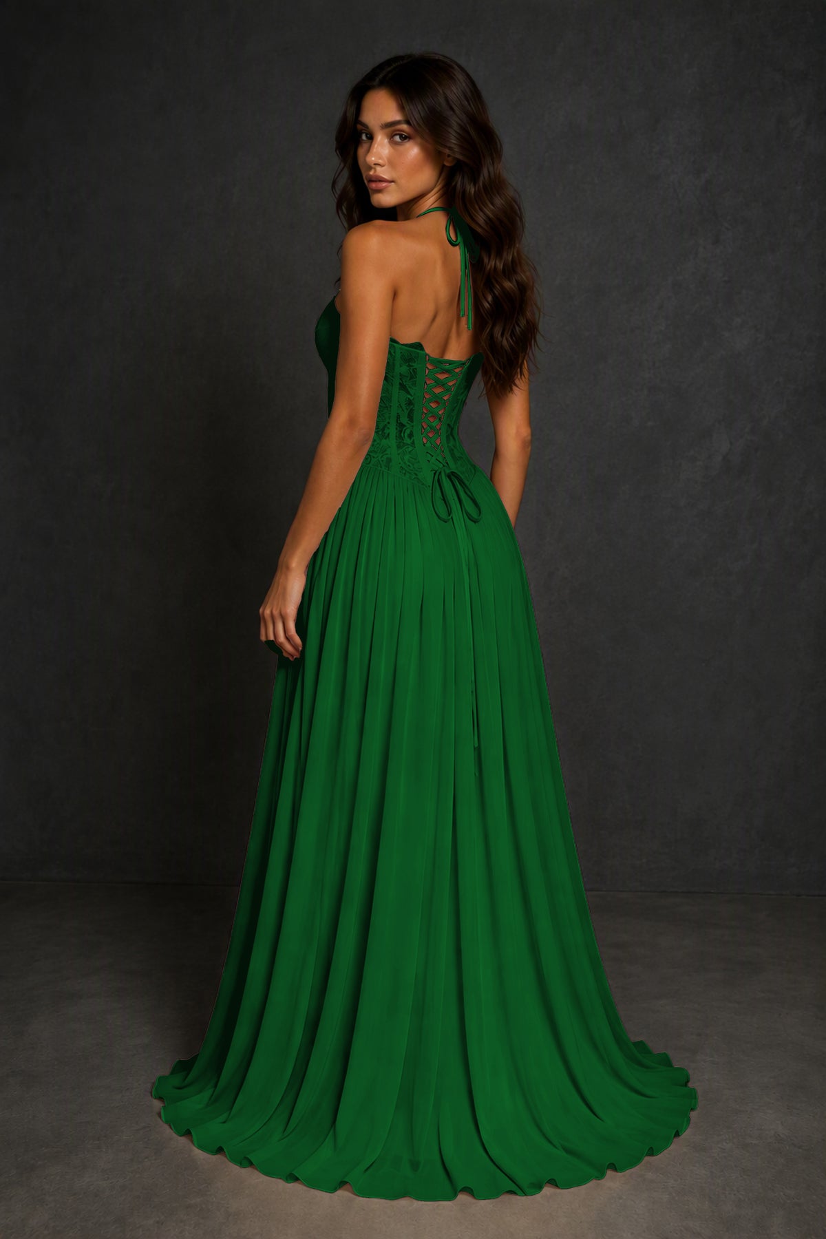 BOLODOO Emerald Green Lace Corset Halter Maxi Gown – Backless A-Line Formal Dress - Emerald Green