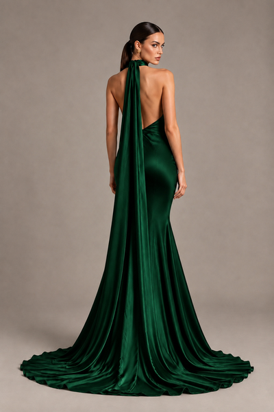 BOLODOO Emerald Green One-Shoulder Satin Mermaid Evening Dress with Scarf - Emerald Green - Emerald Green_2