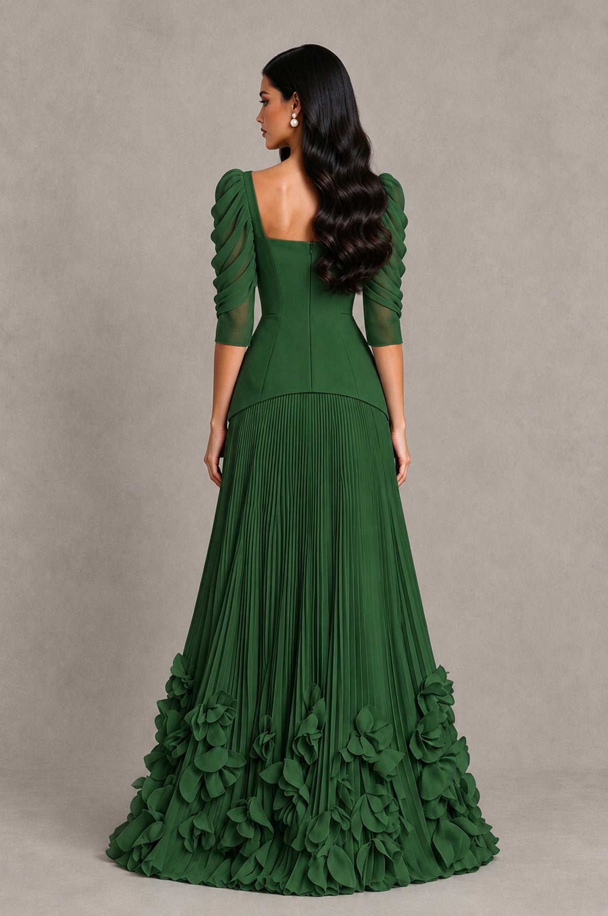 BOLODOO Emerald Green Square Neck Pleated Floral Applique Evening Dress - Emerald Green - Emerald Green_2