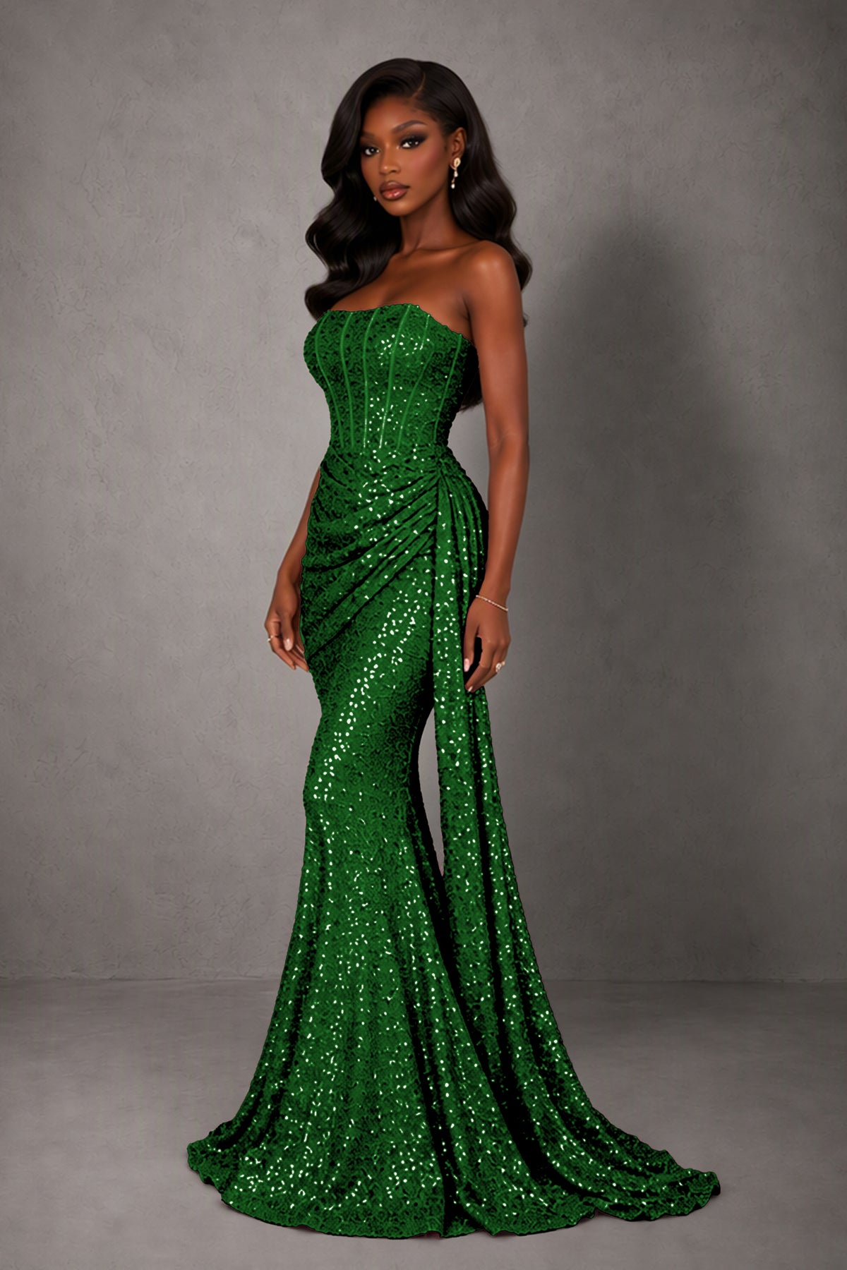 BOLODOO Emerald Green Sequin Strapless Corset Mermaid Evening Gown with Train - Emerald Green