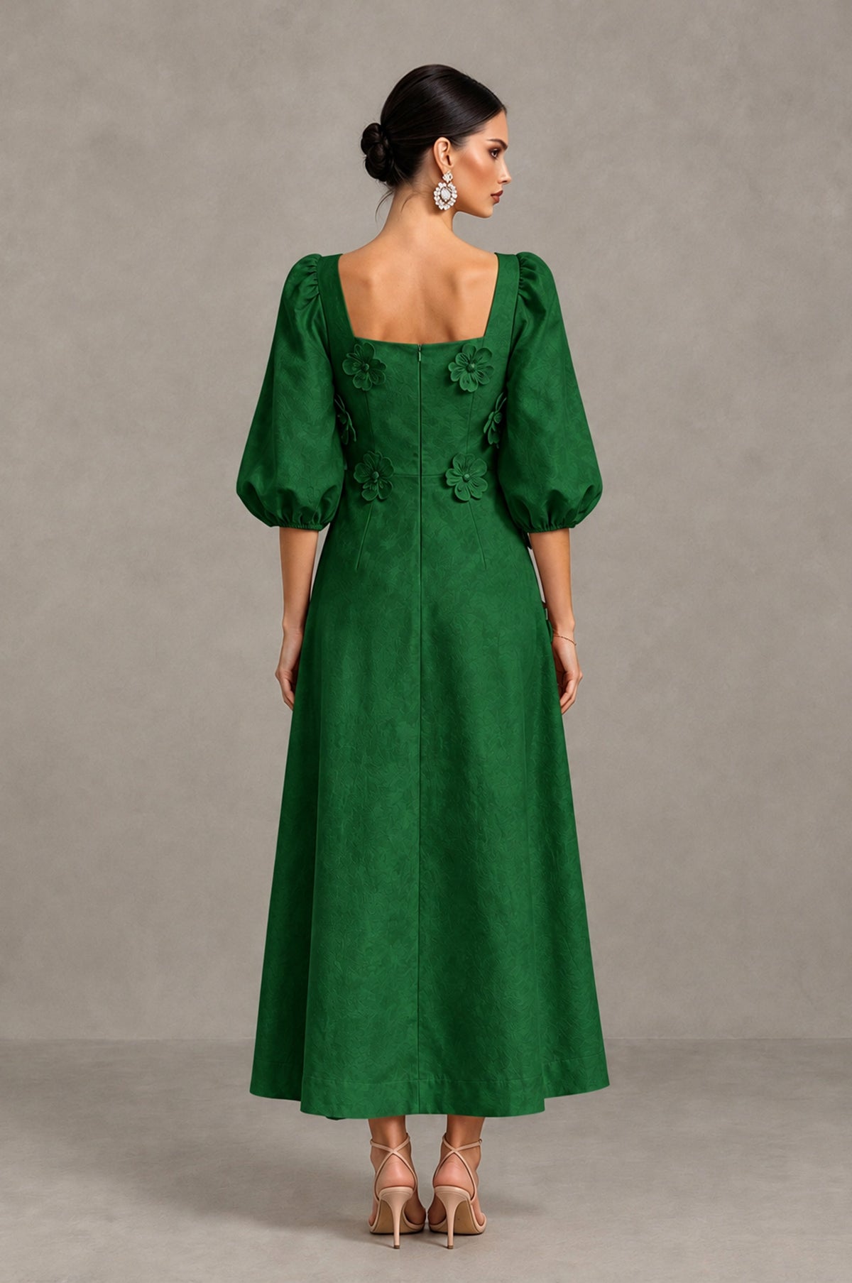 BOLODOO Emerald Green 3D Floral Puff Sleeve Midi Cocktail Dress - Emerald Green - Emerald Green_2