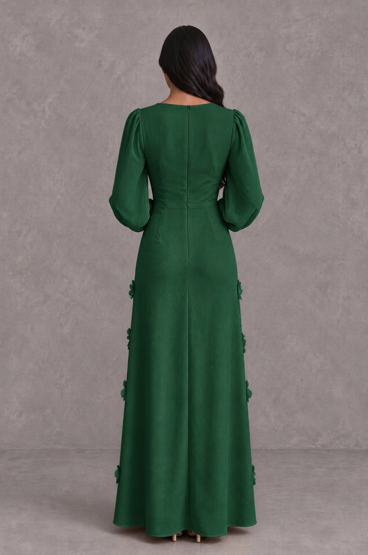 BOLODOO Emerald Green Long Sleeve Floral Applique A-Line Evening Dress - Emerald Green - Emerald Green_2
