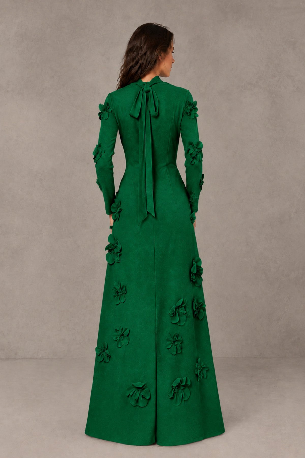 BOLODOO Emerald Green High Neck Long Sleeve 3D Floral Evening Gown - Emerald Green