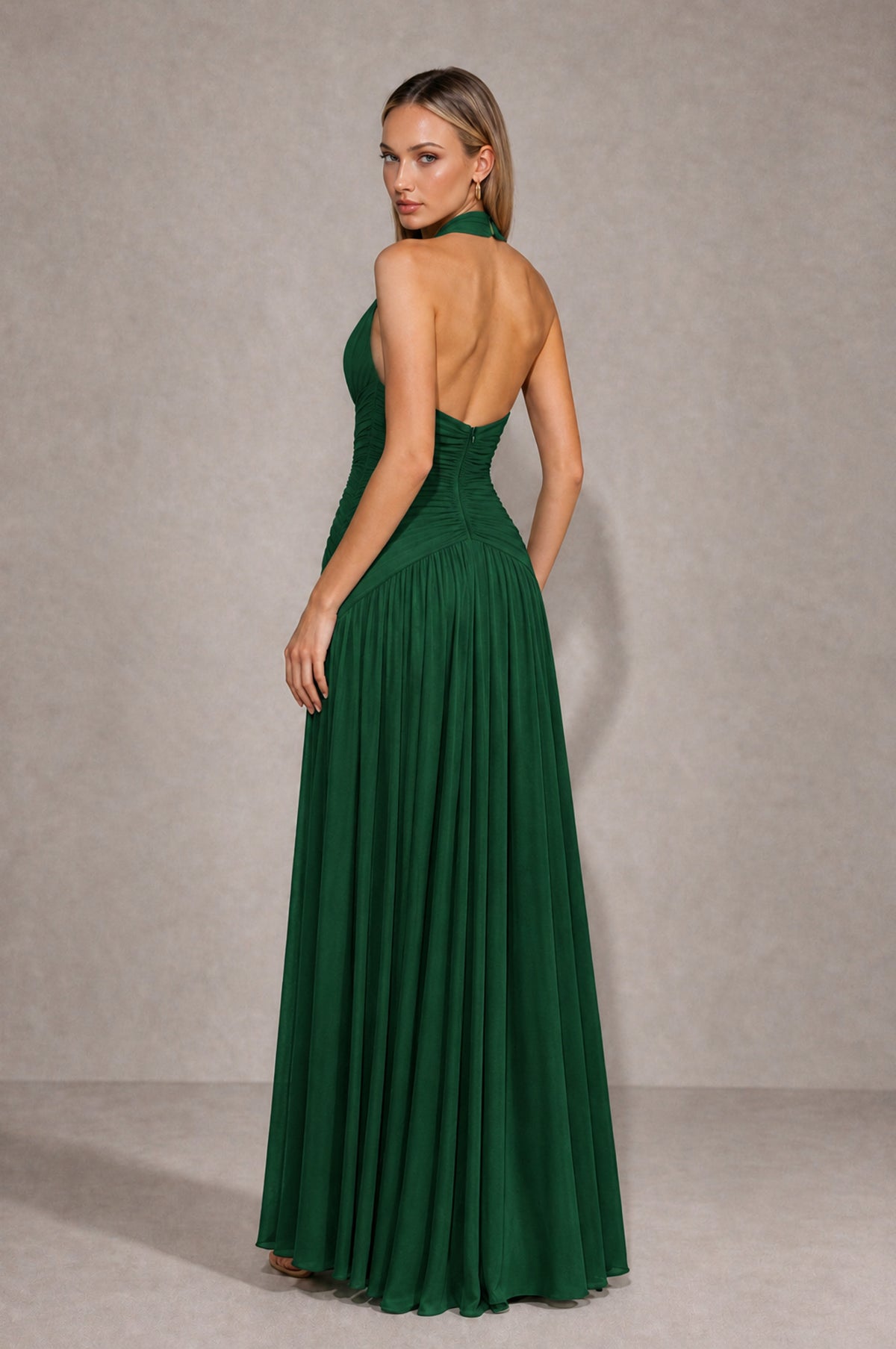 BOLODOO Emerald Green Chiffon Halter Deep V-Neck Ruched A-Line Backless Maxi Dress with Train-BD0167 - Emerald Green - Emerald Green_2