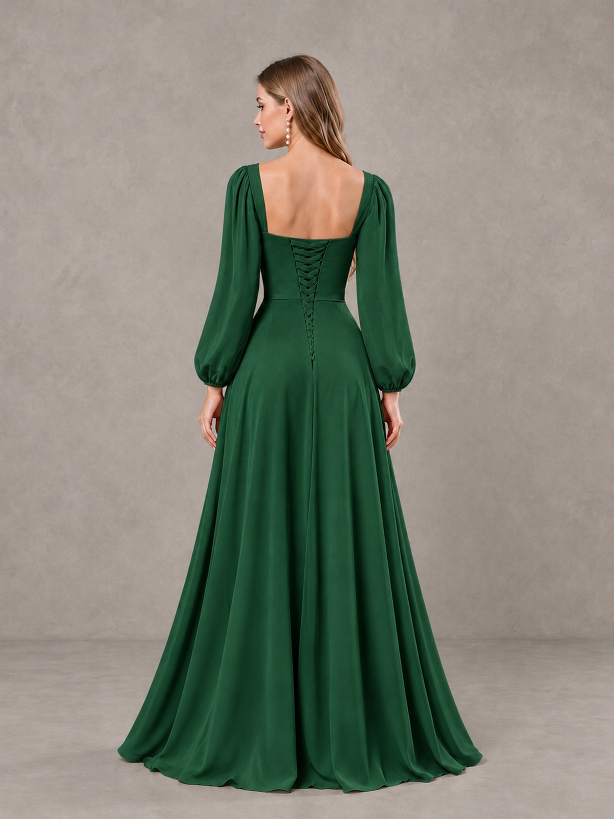BOLODOO Emerald Green Square Neck Long Sleeve Bridesmaid Dress with Ruffle Slit - Emerald Green - Emerald Green_2