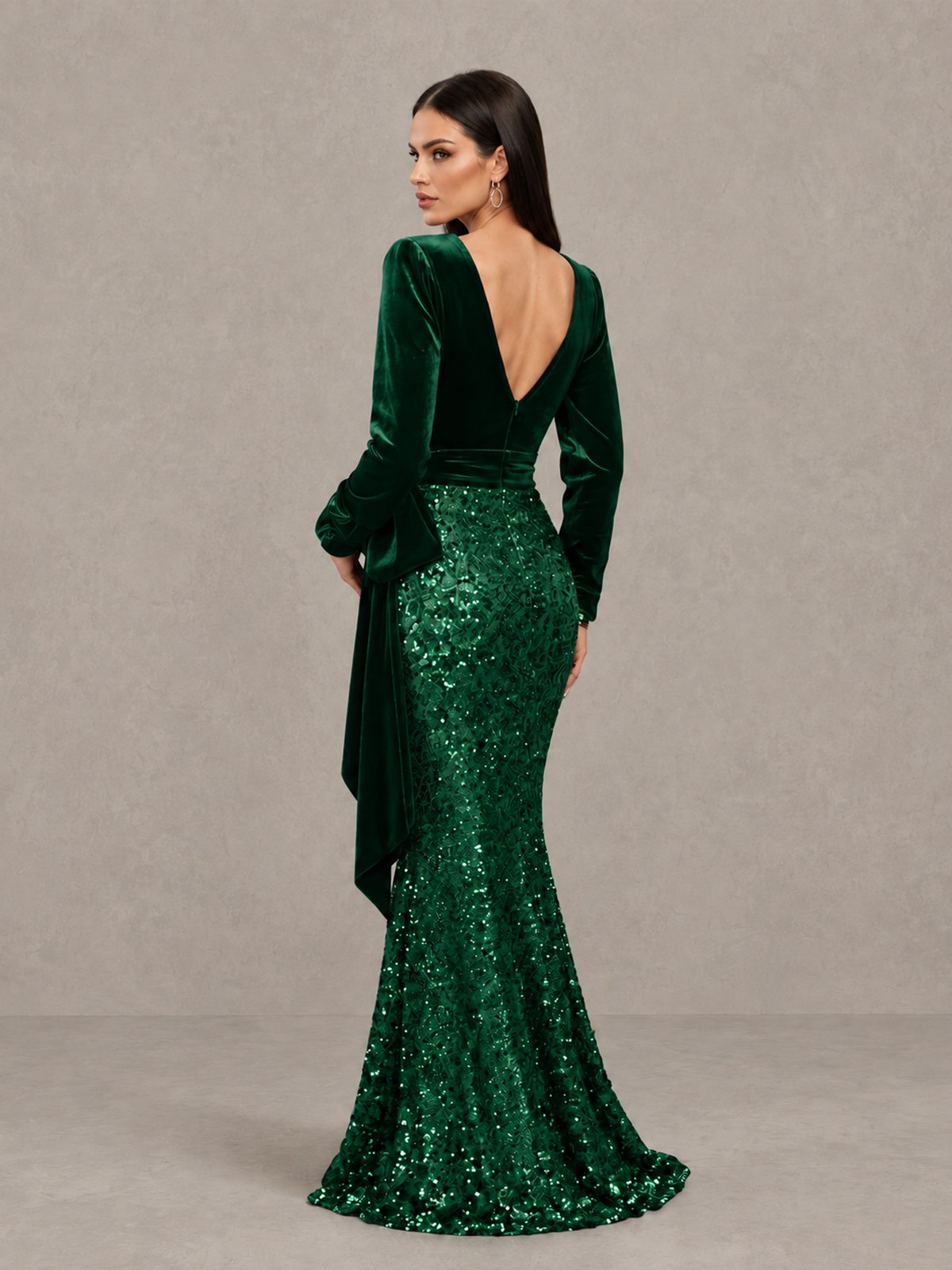 BOLODOO Emerald Green Velvet & Sequin Long Sleeve V-Neck Mermaid Evening Gown - Emerald Green - Emerald Green_2