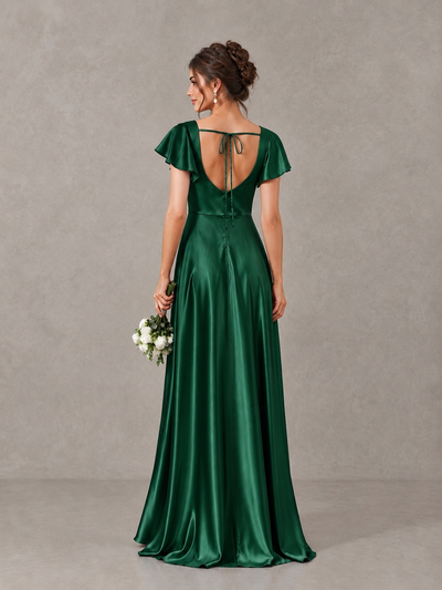 BOLODOO Emerald Green Satin Square Neck Flutter Sleeve A-Line Bridesmaid Dress with Slit - Emerald Green - Emerald Green_2