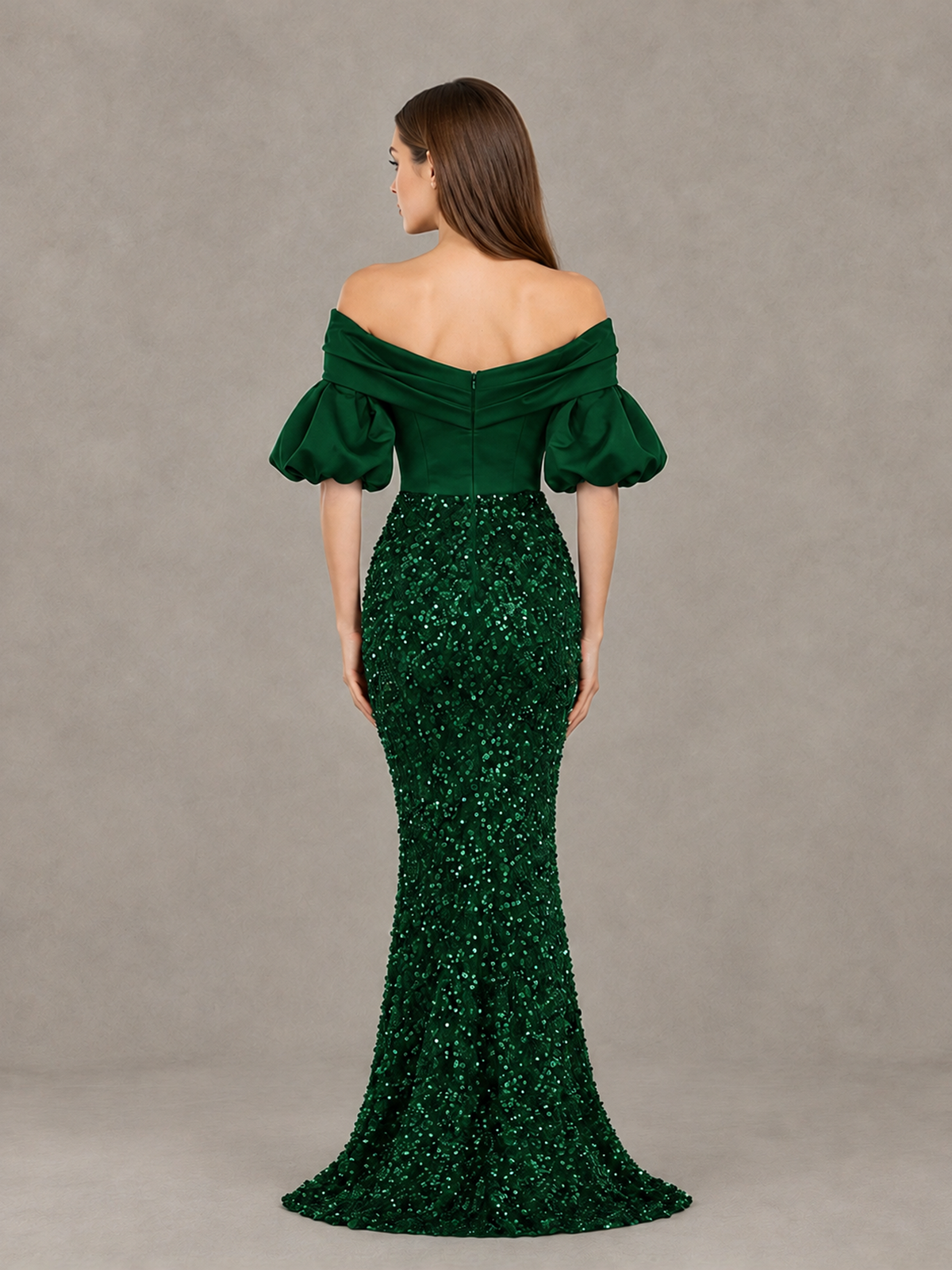 BOLODOO Emerald Green Off-Shoulder Puff Sleeve Sequin Mermaid Evening Dress - Emerald Green - Emerald Green_2