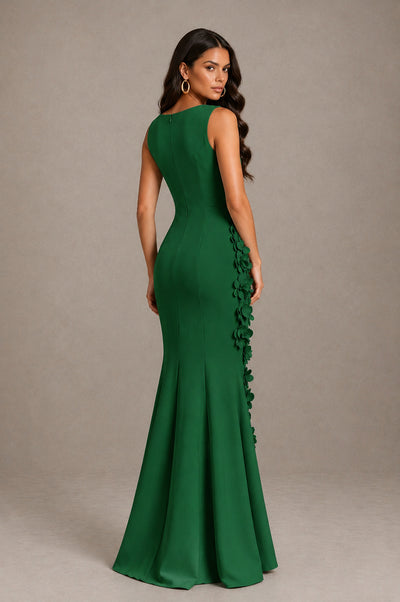 BOLODOO Emerald Green Bateau Neck Sleeveless Asymmetric Peplum 3D Petal Appliqué Mermaid Gown BD0421 - Emerald Green - Emerald Green_2