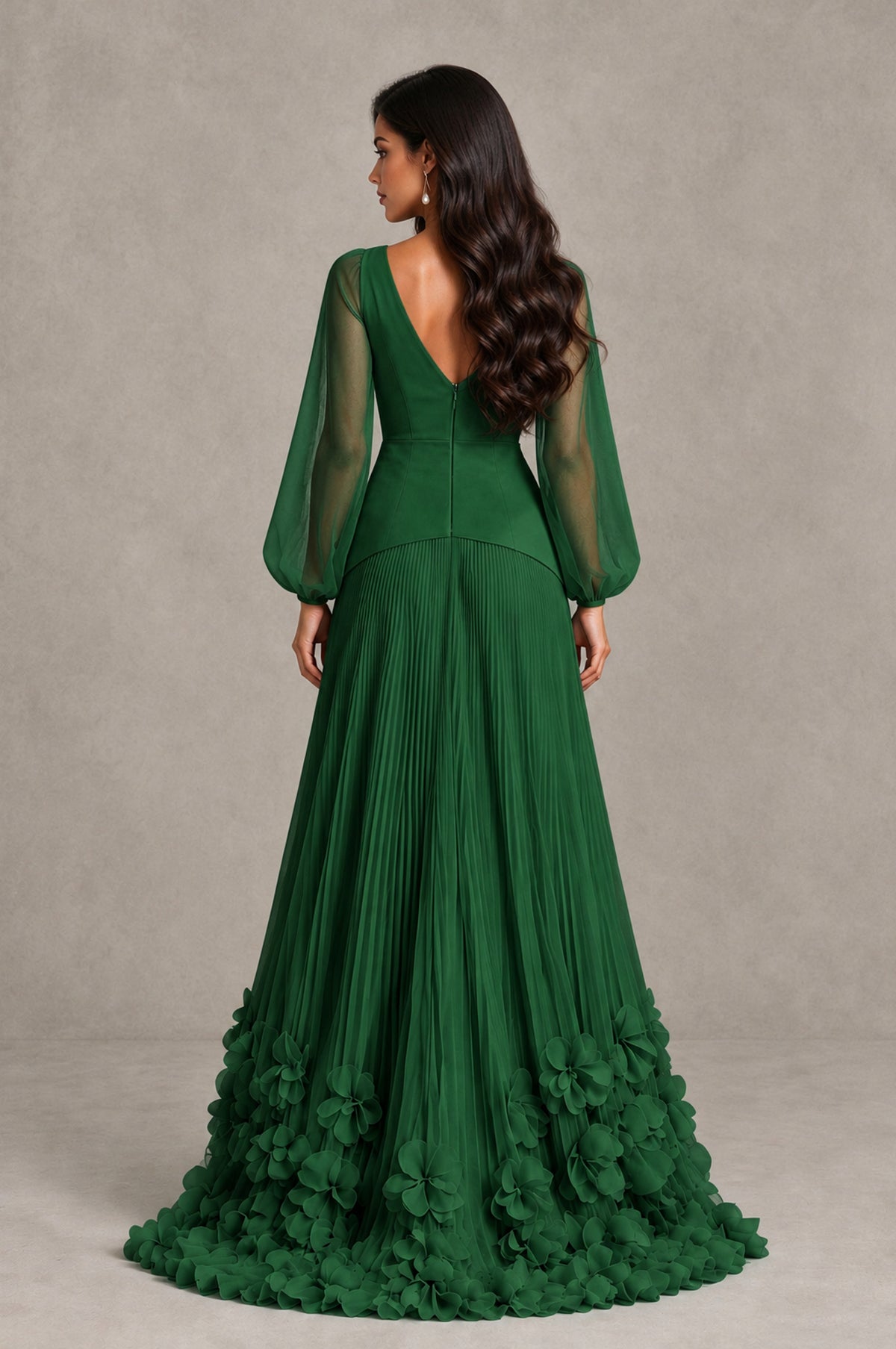 BOLODOO Emerald Green V-Neck Long Sleeve Pleated Floral Hem Evening Dress - Emerald Green - Emerald Green_2