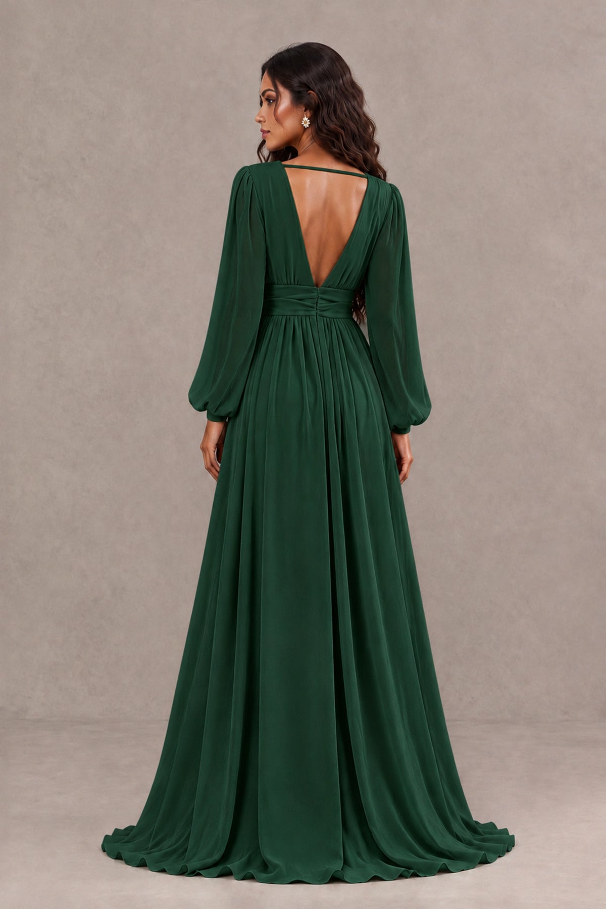 BOLODOO Emerald Green Long Sleeve V-Neck A-Line Gown with Open Back & Slit - Emerald Green - Emerald Green_2