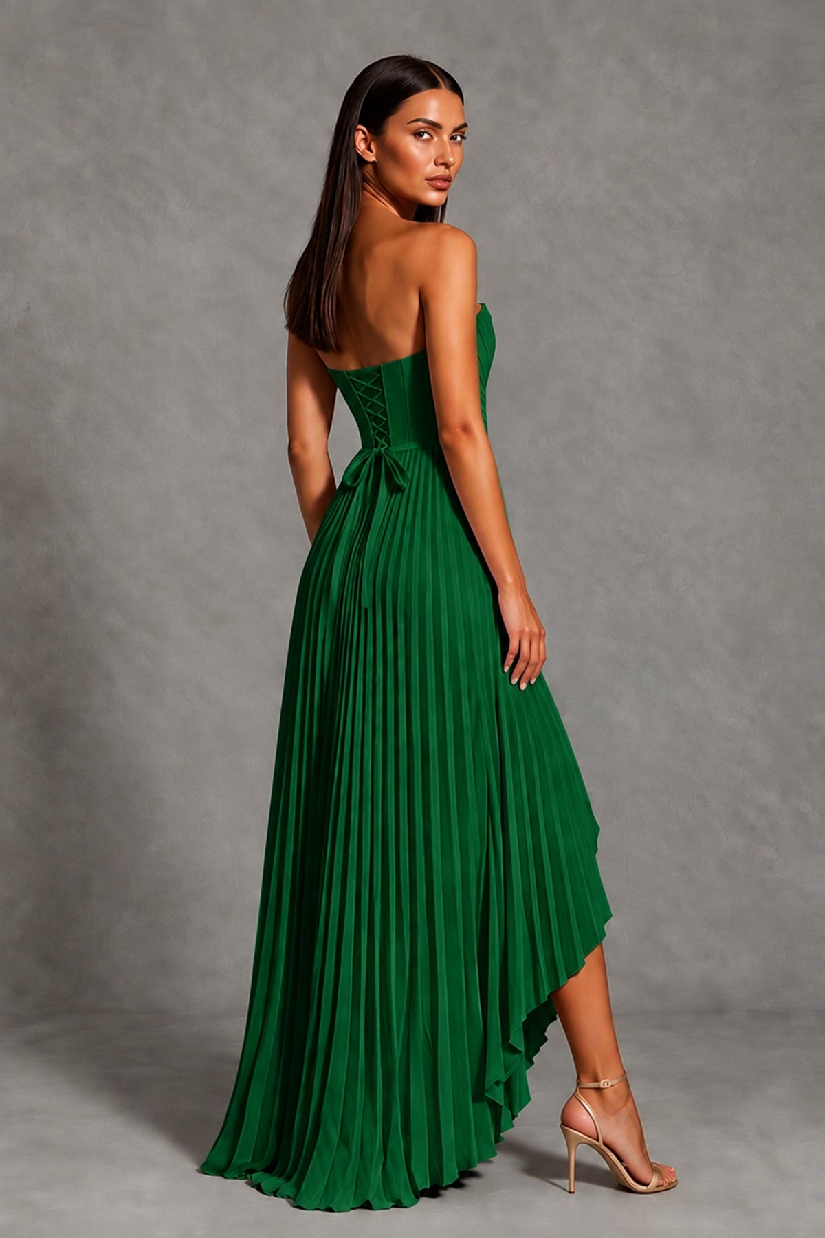Emerald Green Strapless Pleated High-Low Evening Gown with Ruffle Hem - Emerald Green